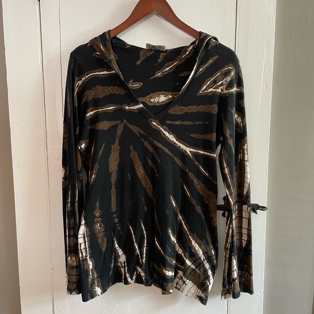 Tryst by Matthew Tie-Dye V-Neck Women's Hooded Top - Black and Brown Size XL